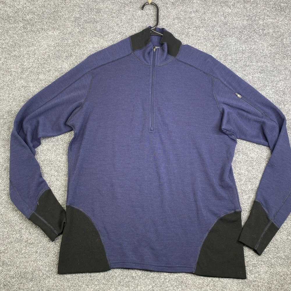 Ibex Mens Merino Wool Quarter Zip Pullover Navy Blue Black Base Layer Large USA